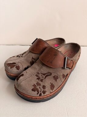 Fall Boho Floral Suede Clogs Klogs Women’s 7.5 Brown Leather